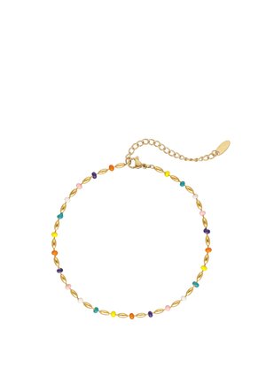 Bracelet délicat en chaîne d'or avec de petits maillons ovales et des perles colorées espacées uniformément en violet, orange, jaune, bleu, rose et blanc.