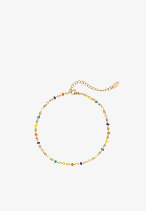 Finom arany lánc karkötő kis ovális szemekkel és egyenletesen elosztott színes gyöngyökkel lila, narancssárga, sárga, kék, rózsaszín és fehér színekben.