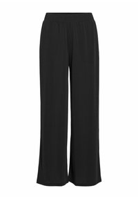 Crne široke hlače od mekog materijala s elastičnom trakom u struku i glatkom teksturom, koje nude opuštenu siluetu kroz noge.