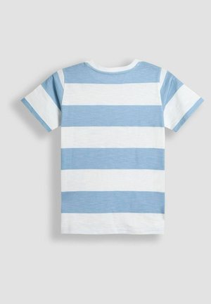 Blau-weiße gestreifte Kurzarm-T-Shirt aus weichem Stoff. Mit Rundhalsausschnitt und kontrastierenden Ärmelsäulen. Rückansicht dargestellt.