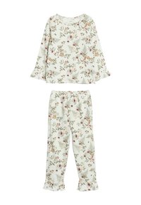 Kukallinen pyjamapaita kevyestä ja pehmeästä kankaasta. Paidassa on pitkät hihat ja röyhelöhiat; housuissa on joustava vyötärö ja röyhelöhelmat.
