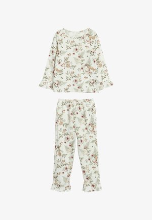 Blumiges Pyjama-Set aus weichem, leichtem Stoff. Das Oberteil hat lange Ärmel und Rüschensäume; die Hose hat einen elastischen Bund und rüschierte Säume.
