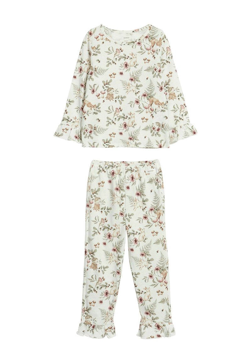 Kukallinen pyjamapaita kevyestä ja pehmeästä kankaasta. Paidassa on pitkät hihat ja röyhelöhiat; housuissa on joustava vyötärö ja röyhelöhelmat.