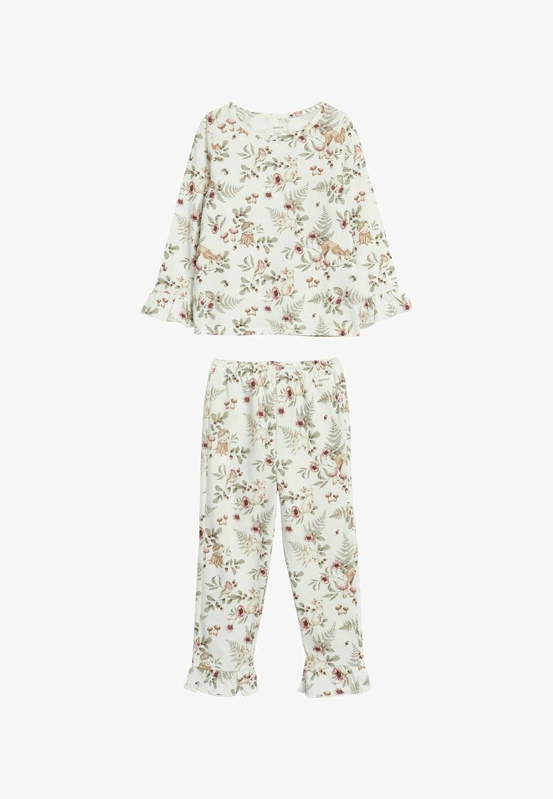 Blomstret pyjamasæt i blødt, letvægtsstof. Toppen har lange ærmer og bølgede manchetter; bukserne har elastisk talje og bølgede afslutninger.