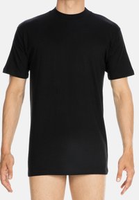 Czarny bawełniany t-shirt z okrągłym dekoltem i krótkimi rękawami, o regularnym kroju i gładkiej fakturze. Brak widocznych wzorów lub akcentów.