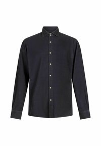 Camicia a maniche lunghe di colore blu navy con colletto button-down e sei bottoni argentati sul fronte. Realizzata in un tessuto testurizzato.