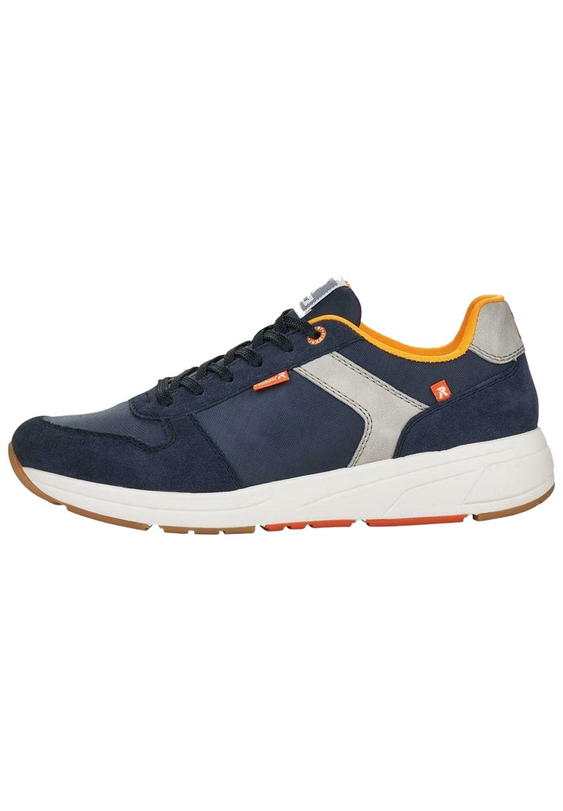 Navy blue athletic shoe made of suede and mesh with a white sole. Features orange and gray accents, textured overlays, and black laces.