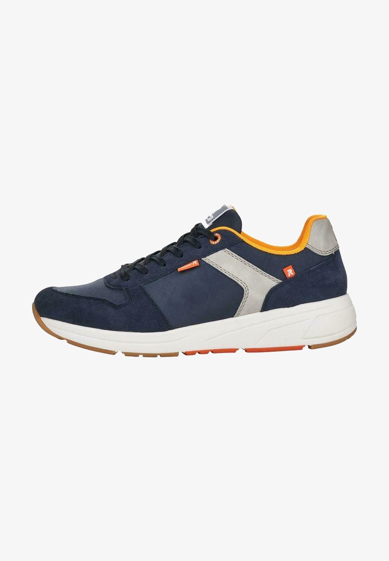 Navy blue athletic shoe made of suede and mesh with a white sole. Features orange and gray accents, textured overlays, and black laces.