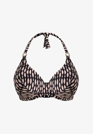 Zwart-roze bikinibovenstuk met een halternek, voorzien van een druppelpatroon, zachte stof en gouden accenten.