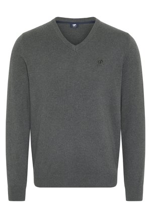 Dunkelgrauer V-Ausschnitt-Pullover aus gestricktem Stoff, mit langen Ärmeln, gerippten Bündchen und Saum, versehen mit einem kleinen gestickten Logo auf der Brust.