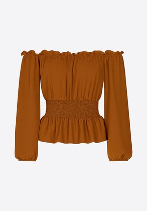 Top de manga larga con hombros descubiertos en tela de color óxido. Presenta una cintura fruncida y mangas recogidas con puños elásticos. Textura suave.
