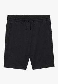 Black cotton shorts featuring an elastic waistband with a drawstring, two side pockets, and a straight-cut design.