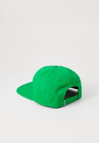Green baseball cap made of cotton. Features a flat brim, adjustable snapback closure, and solid color with no visible patterns.