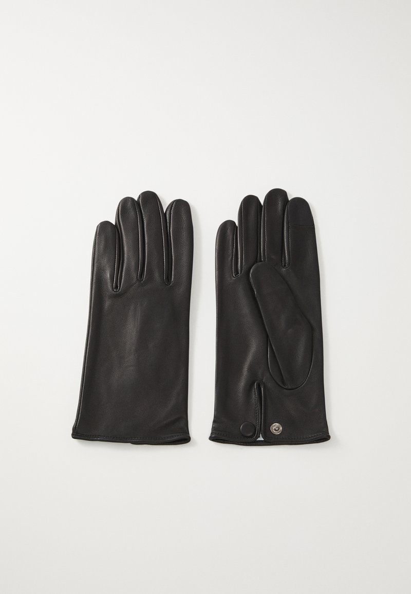 Une paire de gants en cuir noir avec des fermetures à bouton-pression, présentée à plat avec les côtés paume et dos visibles sur un fond blanc.