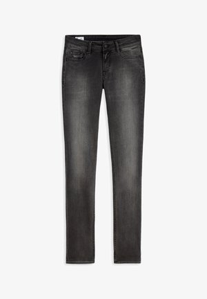 Strakke zwarte jeans met vervaagde look, knoopsluiting, voor- en achterzakken en riemlussen.