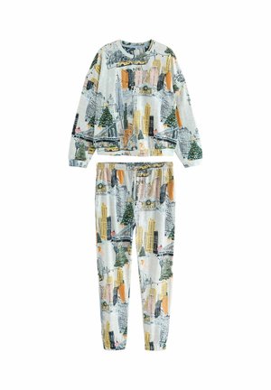 Cotton loungewear set featuring a long-sleeve top and pants, adorned with a cityscape print, including buildings and trees in green, gray, and orange.