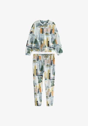 Cotton loungewear set featuring a long-sleeve top and pants, adorned with a cityscape print, including buildings and trees in green, gray, and orange.