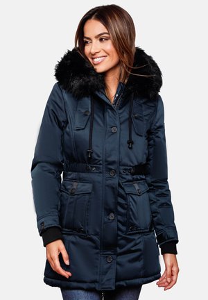 Navy insulated parka jacket with a faux fur-lined hood, drawstring waist, snap-buttons, and two front pockets. Smooth textile finish.