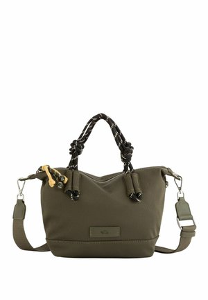 Medium-sized olive green handbag with black and white knotted rope handles and detachable shoulder strap with metal clasps.