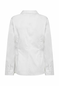 Camicia bianca a maniche lunghe con colletto classico, caratterizzata da un retro sartoriale, orlo dritto e polsini con bottone. Texture in cotone morbido.