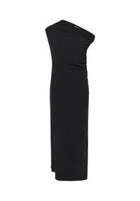 Sort étterskuldret lang kjole med samling på siden og en tætsiddende silhuet.