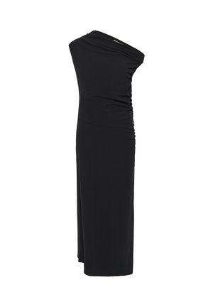 Robe longue noire à une épaule avec des détails froncés sur le côté et une silhouette ajustée.