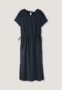 Dunkelblaues Baumwollkleid mit kurzen Ärmeln, Kordelzug in der Taille, seitlichen Schlitzen und einem Schlüsselloch-Ausschnitt hinten. Glatte Textur, lässige Passform.