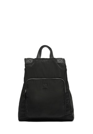 Black nylon backpack with a textured surface, featuring a prominent front zippered pocket and logo accent. Top carry handle and adjustable straps.