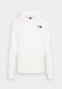 Sweat à capuche blanc en matière douce, doté d'une poche kangourou à l'avant et d'un petit logo noir sur le côté gauche de la poitrine. Poignets et ourlet côtelés.