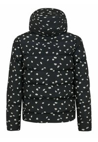 Schwarze Steppjacke mit floralem Muster, das weiße Gänseblümchen zeigt. Steppdesign, mit Kapuze und elastischen Bündchen.