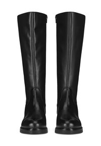 Černé kožené kozačky vysoké až ke kolenům s hladkou texturou, bočními zipy a zaoblenou špičkou, s minimálními švy.