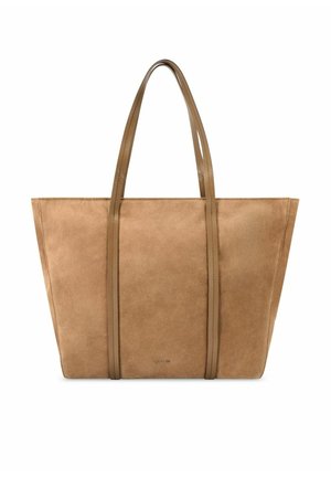 Beżowa torba shopper z zamszu z dwoma długimi skórzanymi uchwytami i minimalistycznym designem, z marką "OCHNIK" umieszczoną blisko dolnego środka.