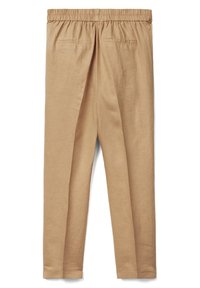 Khaki linnebyxor med elastisk midja, två bakfickor och avsmalnande ben, med en slät textur och neutral färg.