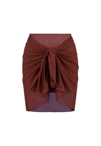 Gonna avvolgente marrone in materiale chiffon fluido e trasparente. Presenta un nodo sul davanti, con uno strato sottostante aderente e testurizzato.