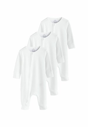 Drei weiße, gerippte Baby-Overall mit langen Ärmeln, einem Reißverschluss vorne und elastischen Bündchen an den Knöcheln für Wärme. Weiche Stofftextur.
