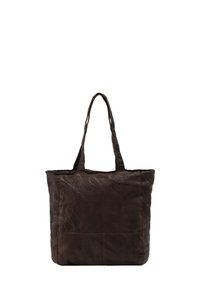 Dark brown leather tote bag with two sturdy handles, featuring a textured surface and a front pocket for added detail.