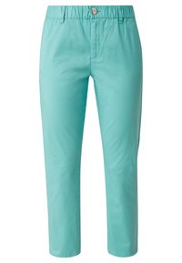 Ljusblå, bomullsblandning capribyxor med elastisk midja och ovanfrån knappstängning. Slät struktur och enkel design.