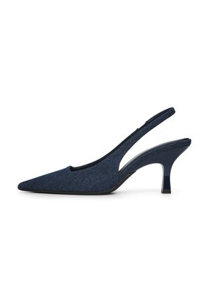 Décolleté slingback blu navy con punta a punta, tomaia in tessuto strutturato e tacco medio lucido. Presentano un design laterale aperto.