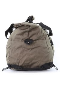 Olive green nylon bag with a rounded shape, featuring a top cinch closure, black accents, and a front pocket with a snap closure.