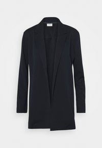 Blazer negro de abertura frontal con mangas largas y cuello de muesca, hecho de una tela suave, exhibido sobre un fondo blanco.