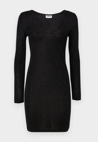 Vestido preto de manga longa com decote em V, apresentando um padrão texturizado e forma ajustada. Feito de um material leve e elástico.