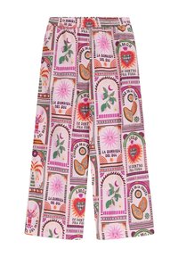 Pantalons roses à jambes larges en tissu léger, ornés d'un motif imprimé coloré avec des designs floraux et géométriques, taille élastique.