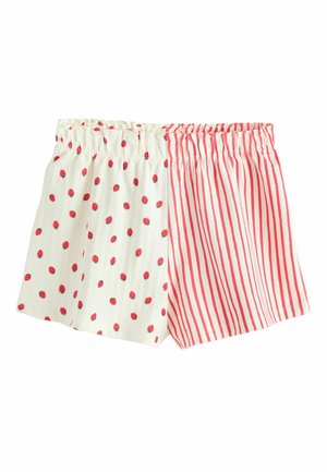 Pantaloncini con vita elastica bianca, con stampa di fragole rosa su un lato e righe verticali rosa sull'altro lato.
