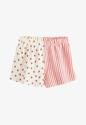 Pantalones cortos con cintura elástica blanca, con un estampado de fresas rosas en un lado y rayas verticales rosas en el otro.
