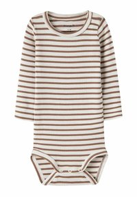 Bodysuit de bebé de manga larga con rayas horizontales blancas y marrones y botones a presión en la entrepierna.