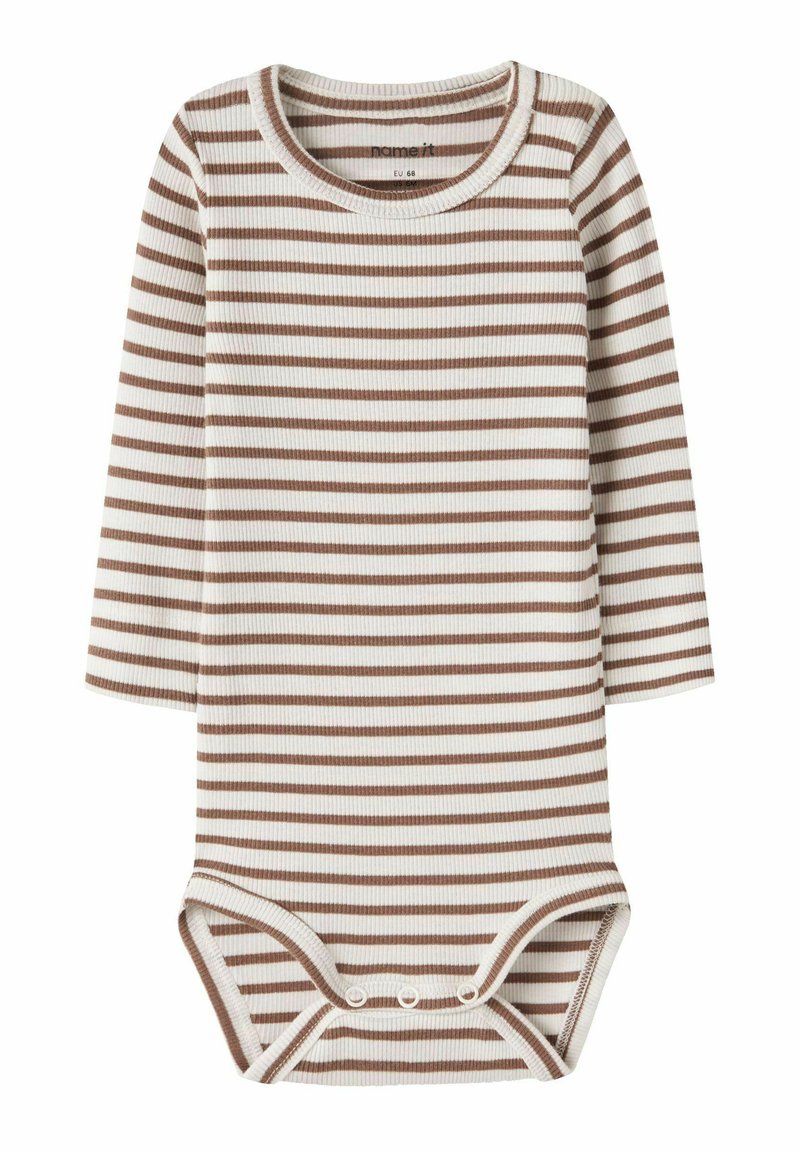 Bodysuit de bebé de manga larga con rayas horizontales blancas y marrones y botones a presión en la entrepierna.