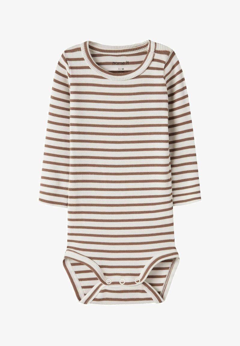 Bodysuit de bebé de manga larga con rayas horizontales blancas y marrones y botones a presión en la entrepierna.