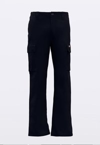 Pantaloni cargo neri con due tasche laterali e chiusura con bottone. Realizzati in tessuto resistente, hanno un design a gamba dritta e una texture liscia.