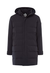 Giacca a vento nera con cappuccio, caratterizzata da una texture trapuntata, chiusura a zip, tasche laterali e una patch con logo sulla manica.