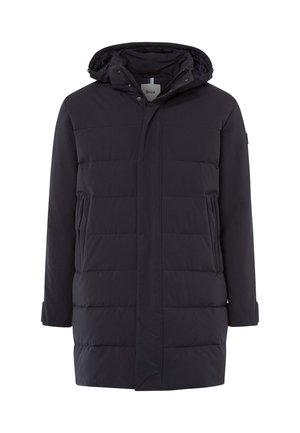 Schwarze Daunenjacke mit Kapuze, ausgestattet mit einem gesteppten Design, Reißverschluss, Seitentaschen und einem Logopatch am Ärmel.